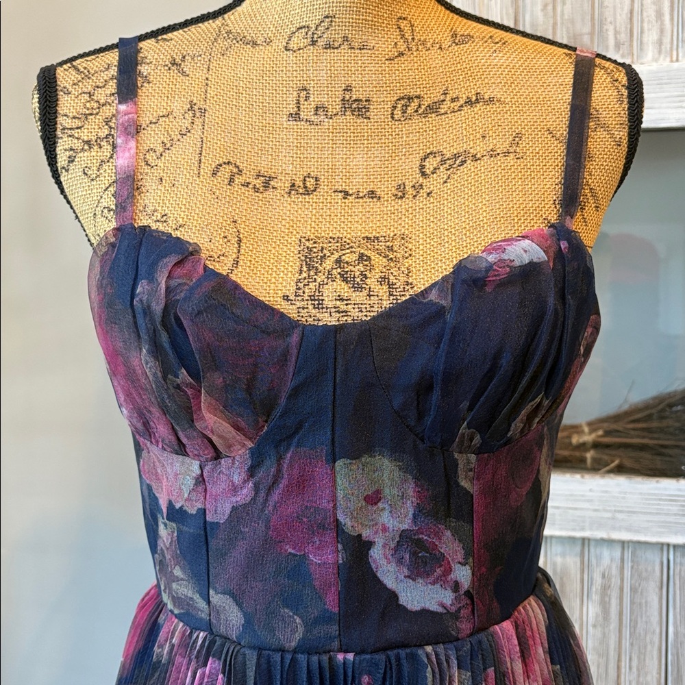 Lulu's Alluring Invite Midnight Blue Floral Pleated Bustier Midi Dress Size S - Picture 10 of 16